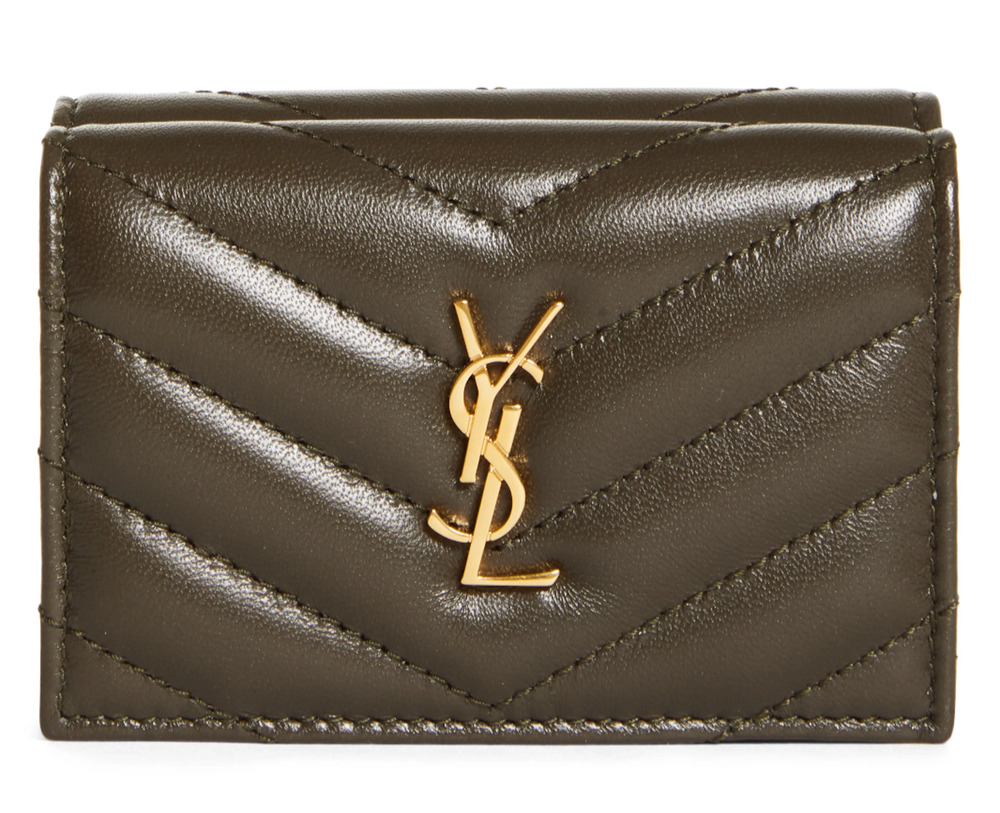 Saint Laurent Tiny Matelasse Origami Trifold YSL Logo Musk Green Leather Wallet